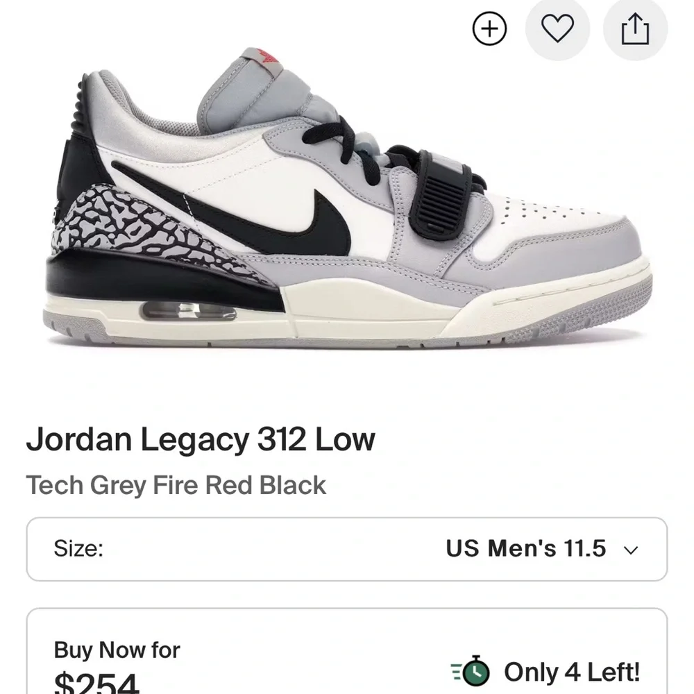 JORDAN legacy 312 low tech grey fire red black men’s Sneakers Size 11.5 GUC.